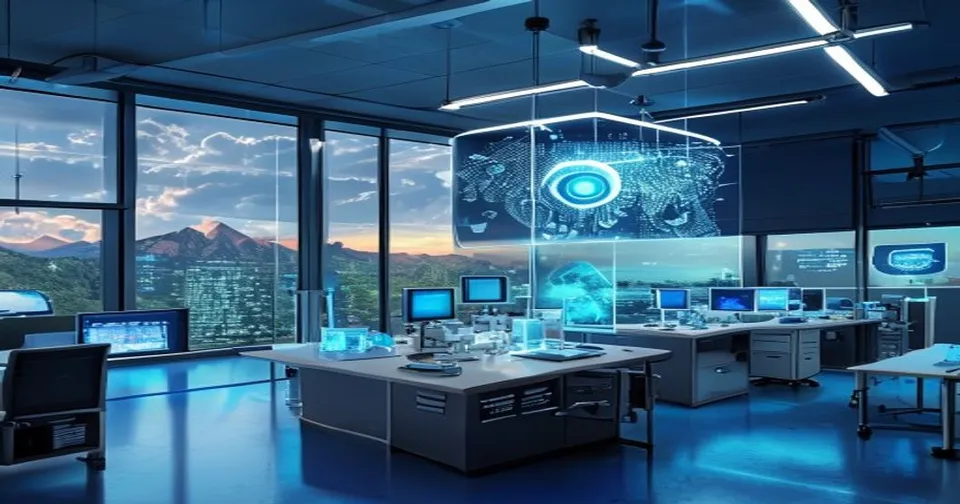 A portrait of Sam Altman with a concerned expression in the background of a robotic lab